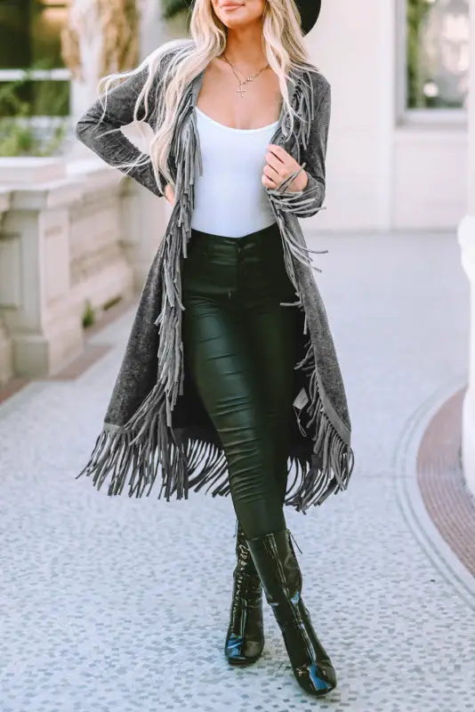 Black fringed hem pocketed open cardigan - tops