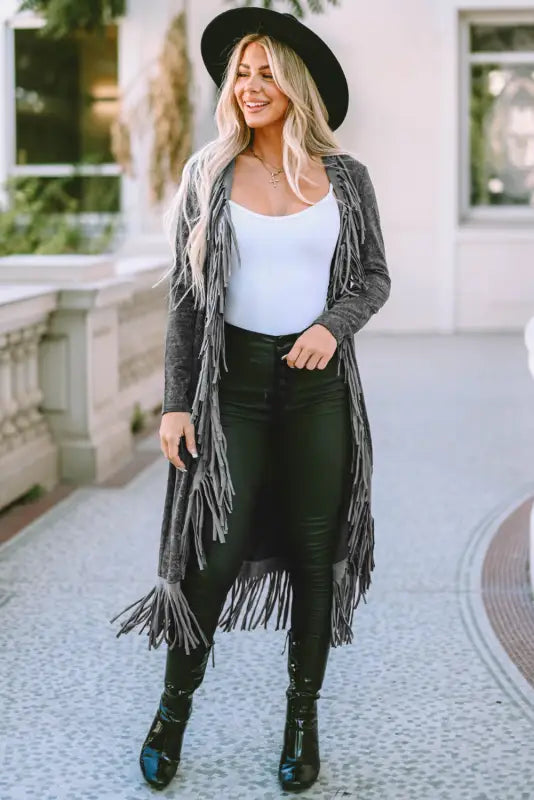 Black fringed hem pocketed open cardigan - tops