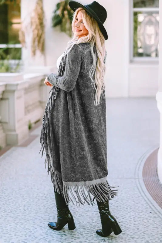 Black fringed hem pocketed open cardigan - tops