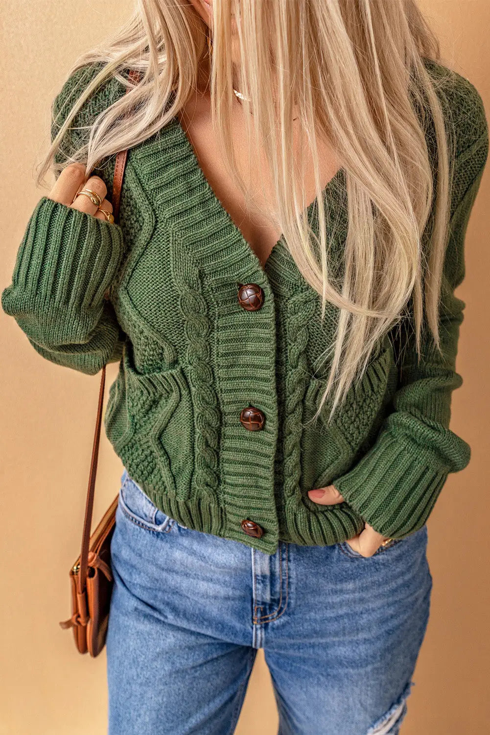 Black front pockets buttons textured cardigan - green / s /