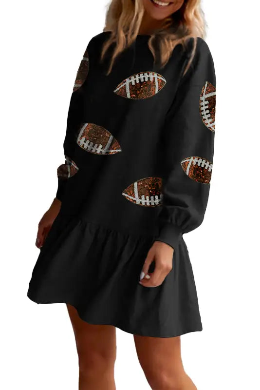 Black game day sequin rugby pattern ruffled short dress - dresses