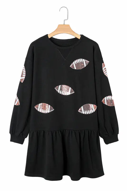 Black game day sequin rugby pattern ruffled short dress - dresses