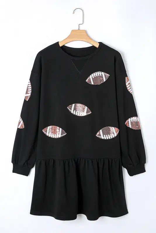 Black game day sequin rugby pattern ruffled short dress - dresses