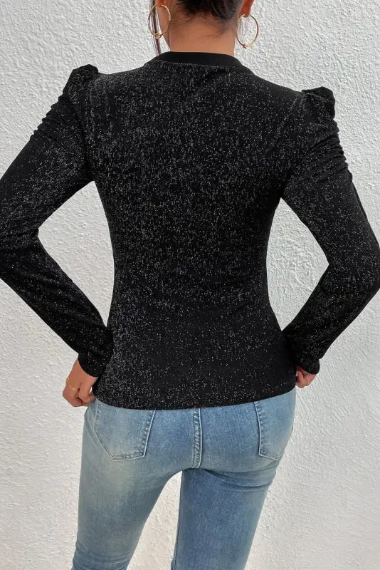 Black gigot sleeve metallic knit slim fit top - tops