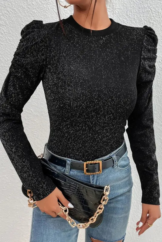 Black gigot sleeve metallic knit slim fit top - l / 71.5% polyamide + 23.9% metallized fibres + 4.6% elastane - tops