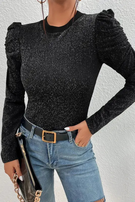 Black gigot sleeve metallic knit slim fit top - tops