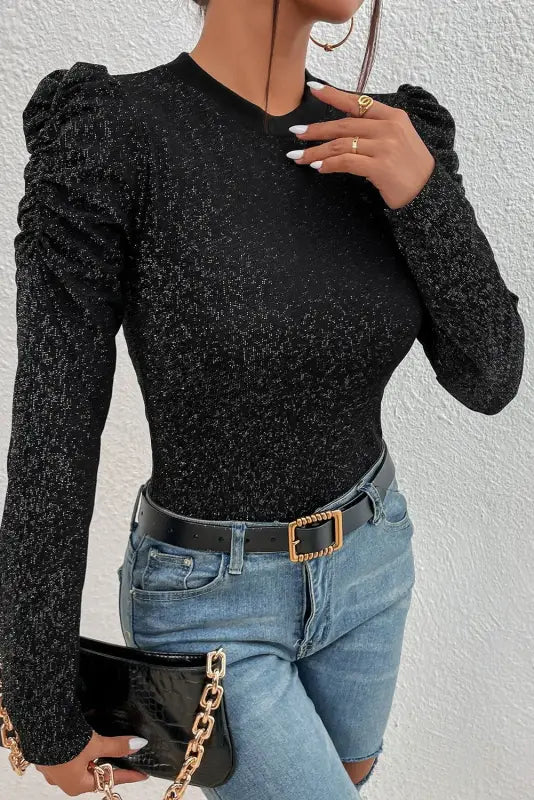 Black gigot sleeve metallic knit slim fit top - tops