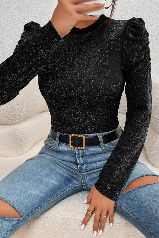 Black gigot sleeve metallic knit slim fit top - tops