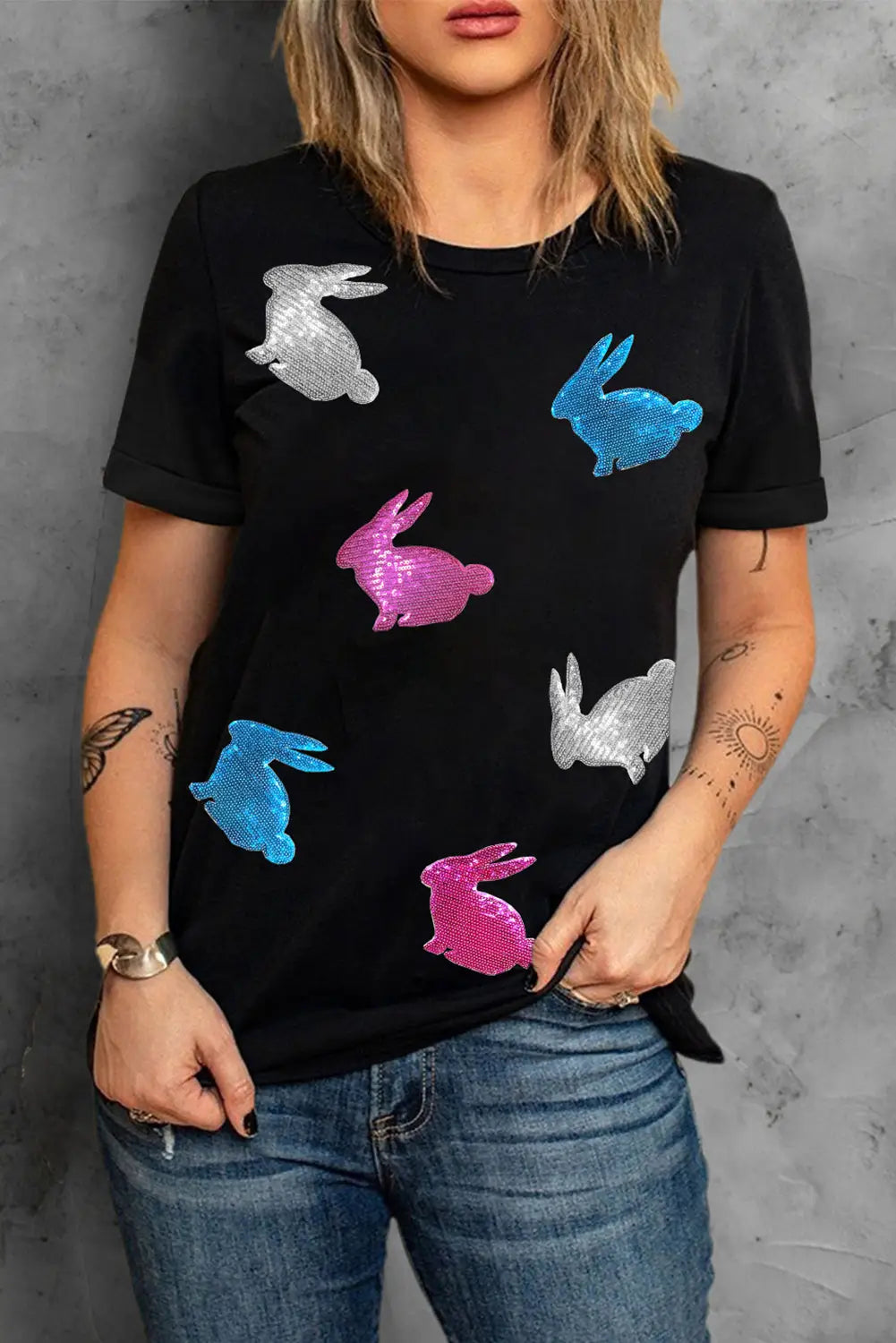 Black glitter easter bunny round neck t-shirt - graphic t-shirts