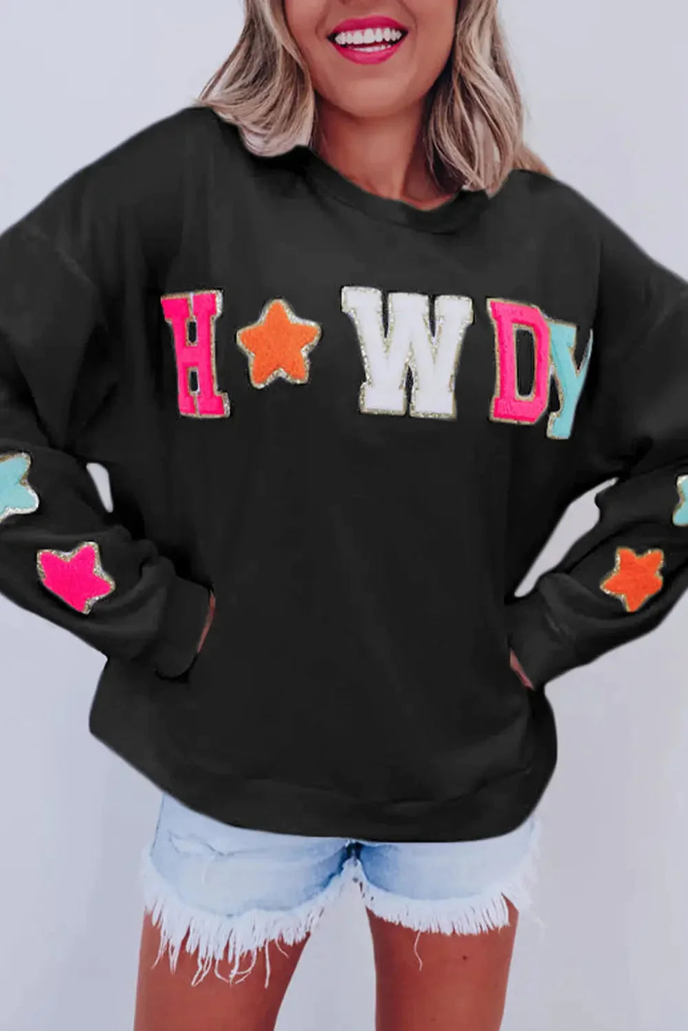 Black glitter howdy patch graphic casual sweatshirt - s / 65% polyester + 35% cotton - sweatshirts & hoodies