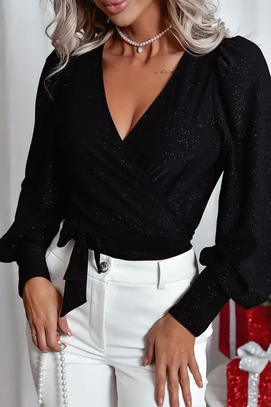 Black glitter wrap v neck tie hem puff sleeve blouse - s / 90% polyester + 10% elastane - tops