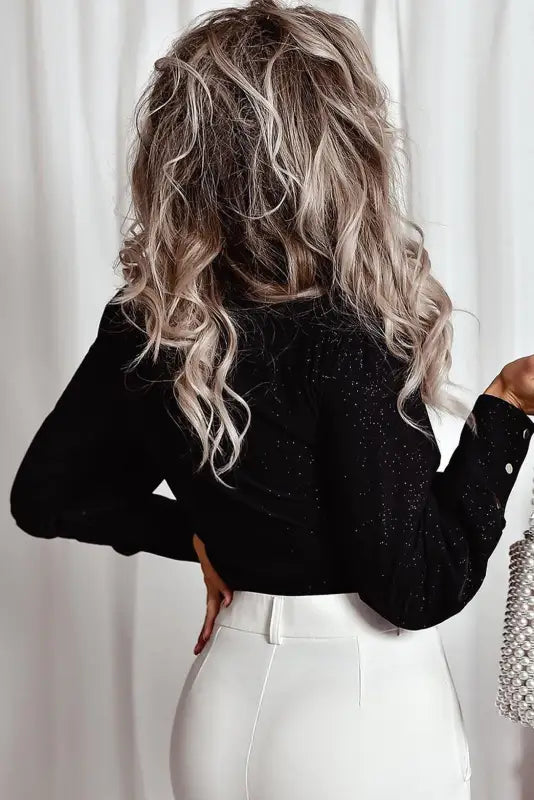 Black glitter wrap v neck tie hem puff sleeve blouse - tops