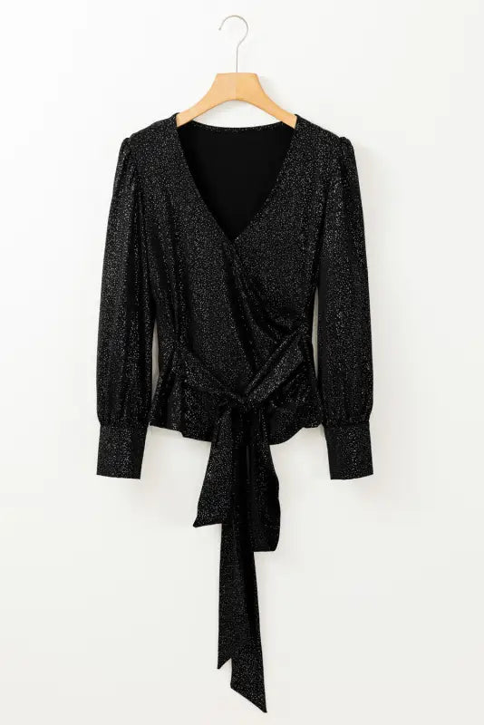 Black glitter wrap v neck tie hem puff sleeve blouse - tops