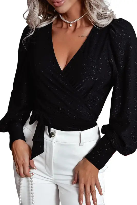 Black glitter wrap v neck tie hem puff sleeve blouse - tops