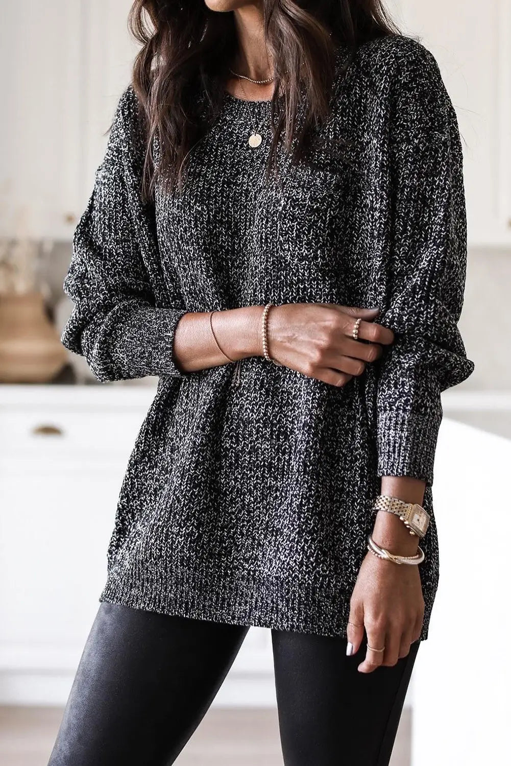 Black glittering long sleeve tunic sweater - s / 55% acrylic + 45% cotton - sweaters & cardigans