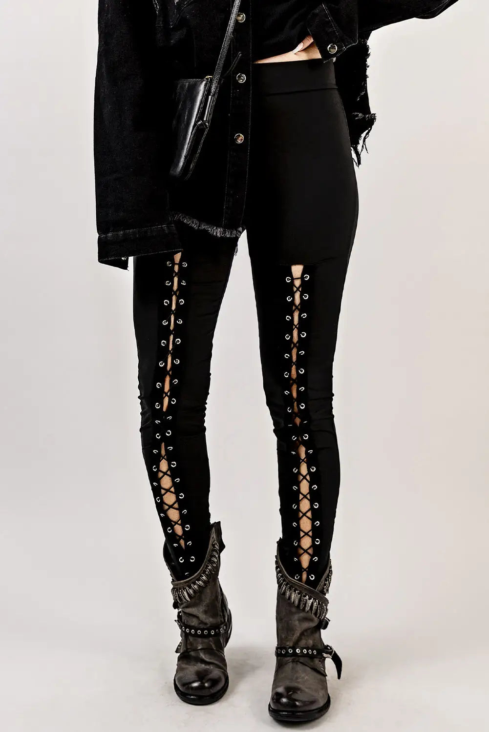 Black grommet lace up front leggings - s / 95% polyester + 5% elastane