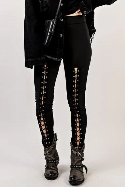 Black grommet lace up leggings - s / 95% polyester + 5% elastane