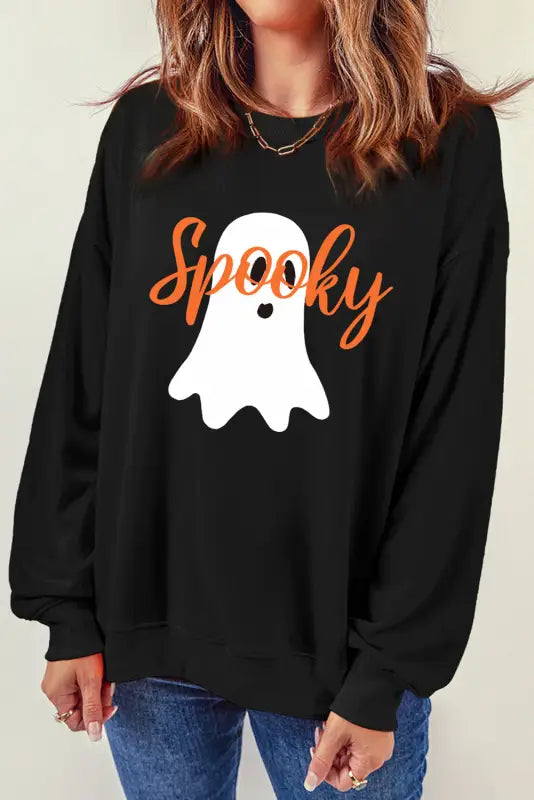 Black halloween spooky ghost print crewneck pullover sweatshirt - graphic