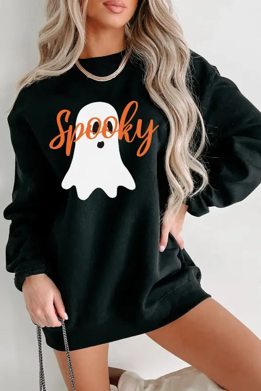 Black halloween spooky ghost print crewneck pullover sweatshirt - s / 70% polyester + 30% cotton - graphic