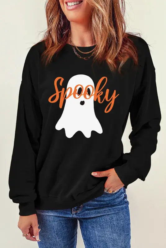 Black halloween spooky ghost print crewneck pullover sweatshirt - graphic