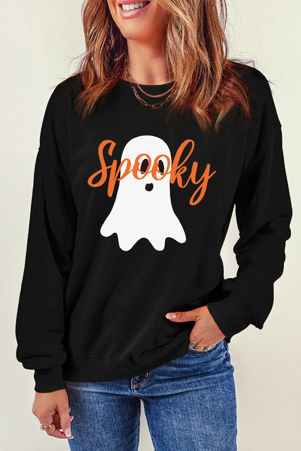 Black halloween spooky ghost print crewneck pullover