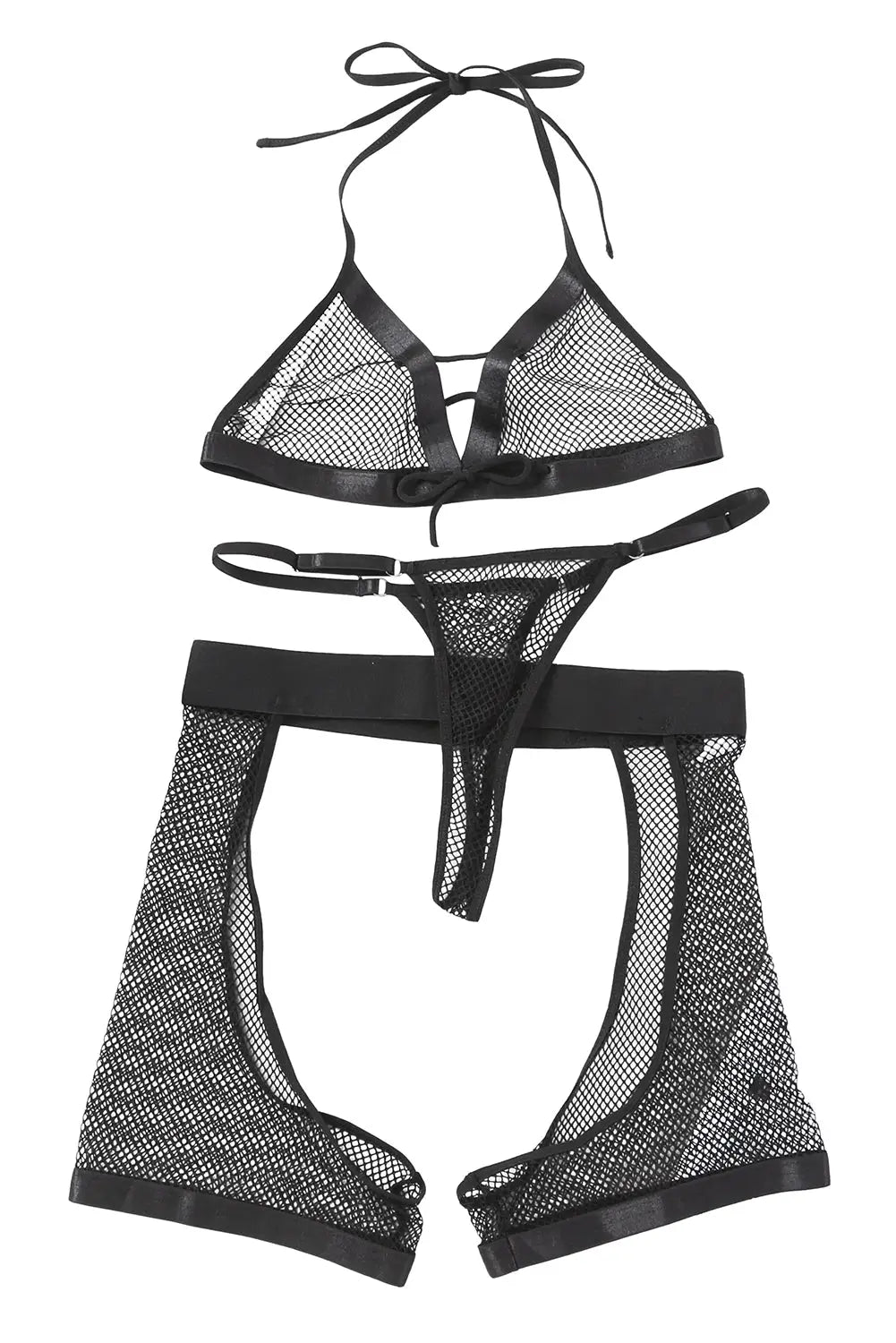 Black halter backless fishnet lingerie set with shorts - sets