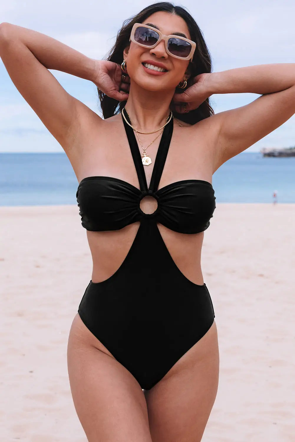Black halter o-ring ruched bust one piece swimsuit - s / 82% polyamide + 18% elastane - swimsuits