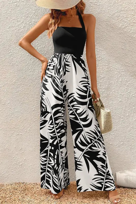 Black halter tropical wide leg jumpsuit - s / 95% cotton + 5% elastane - bottoms