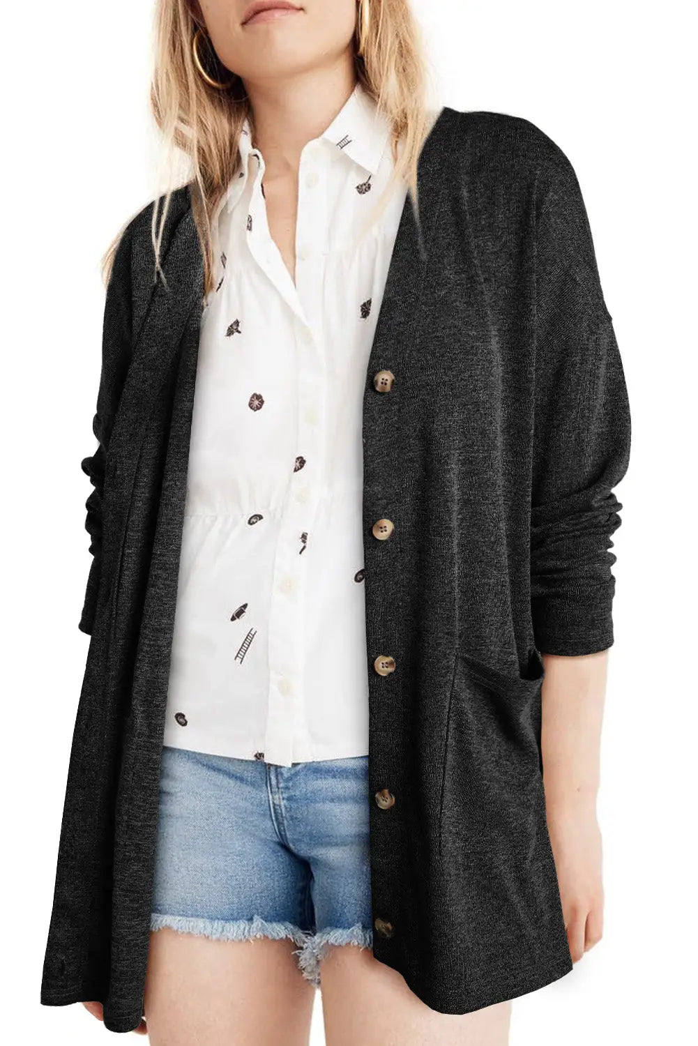Black heather knit pocketed button front cardigan - sweaters & cardigans