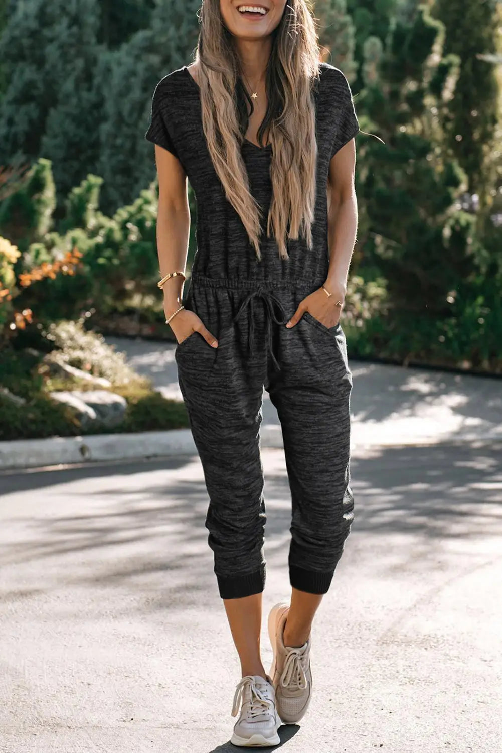 Black heather short sleeve drawstring high waist jumpsuit - s 65% polyester + 35% viscose jumpsuits & rompers