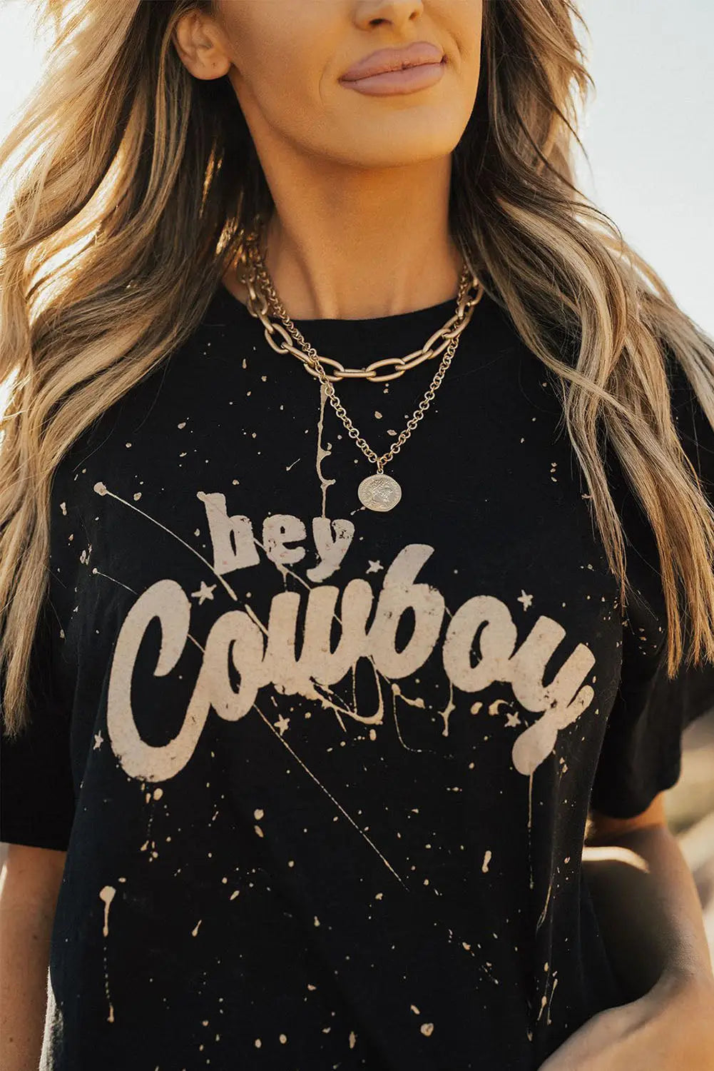 Black hey cowboy vintage splashed t shirt - tops