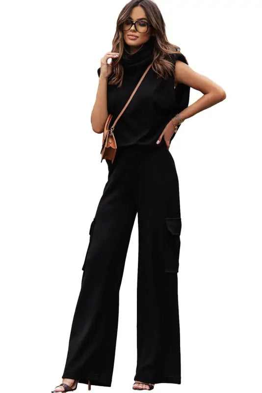 Loungewear black high neck sleeveless vest and cargo pants