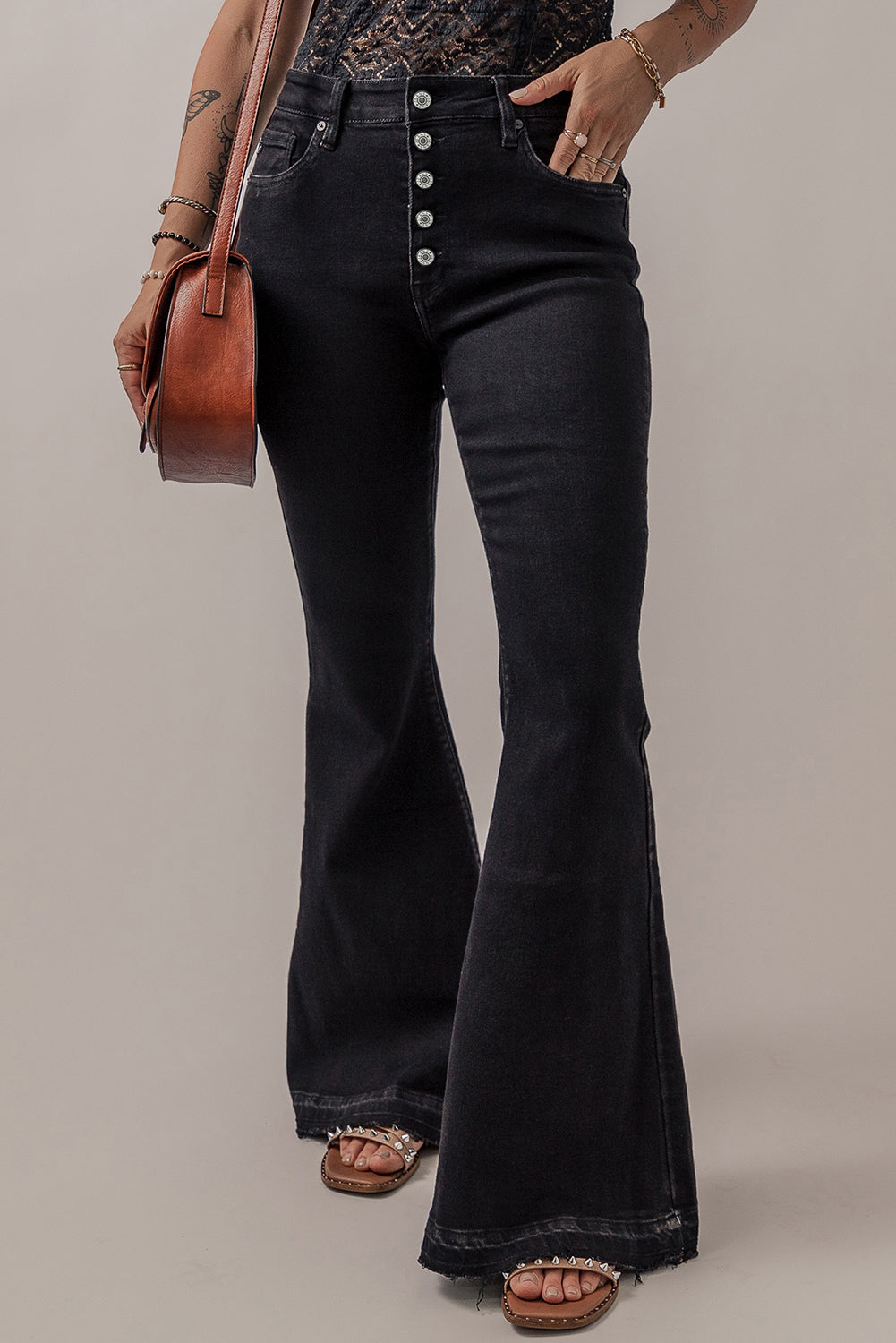 Black high waist button front flare jeans - 10 / 71% cotton + 27.5% polyester + 1.5% elastane