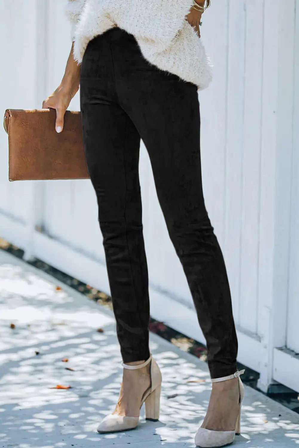 Black high waist faux suede skinny leggings - bottoms