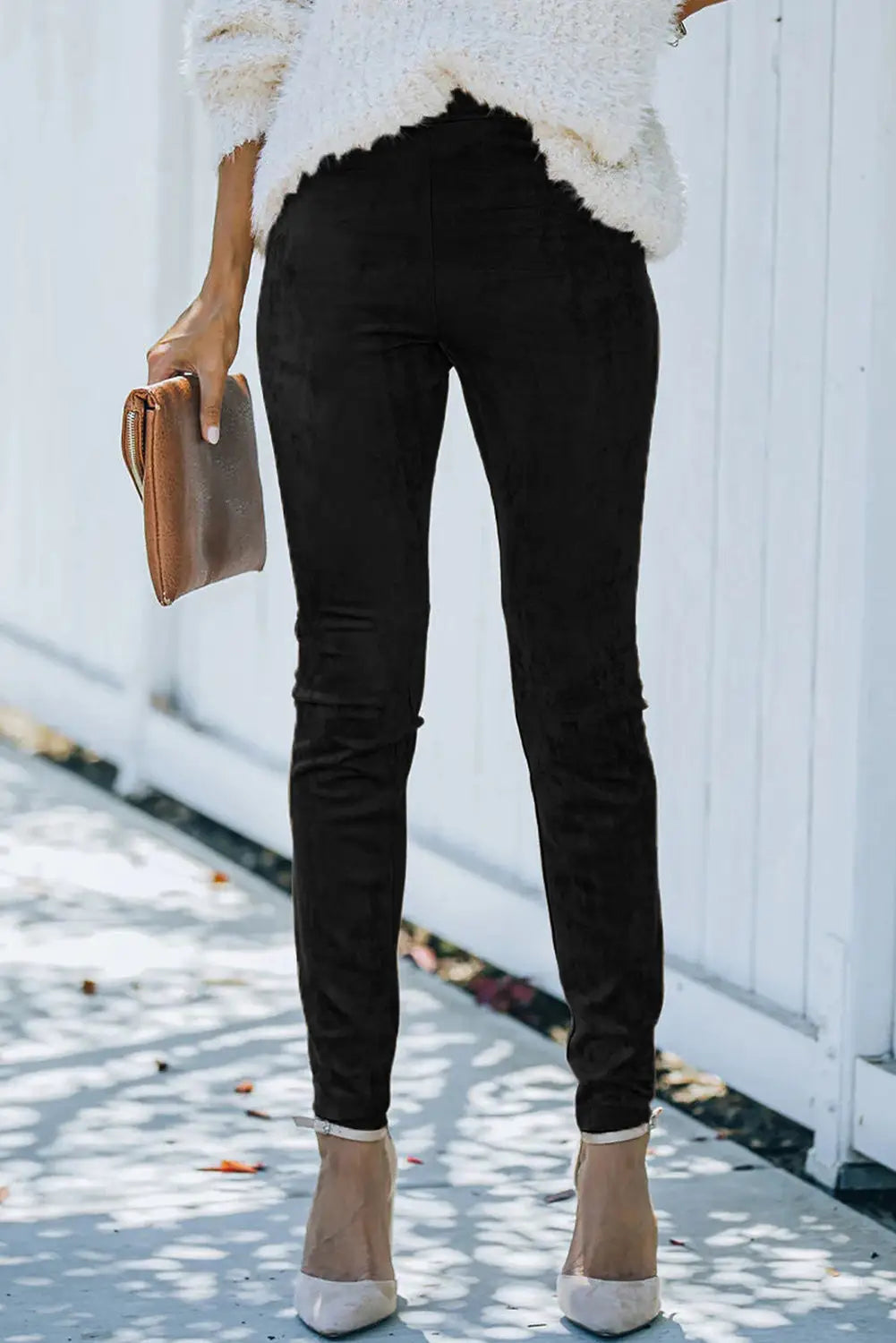 Black high waist faux suede skinny leggings - s / 90% polyester + 10% elastane