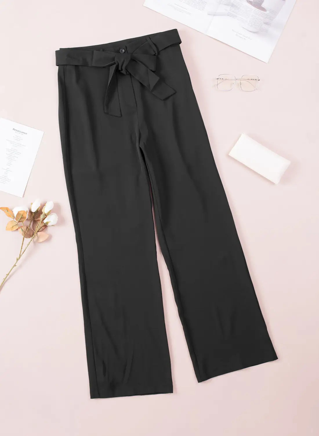 Black high waist front tie flared pants - bottoms
