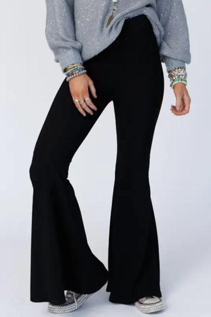 Black high waist ribbed flare pants - l / 93% viscose + 7% elastane - wide leg