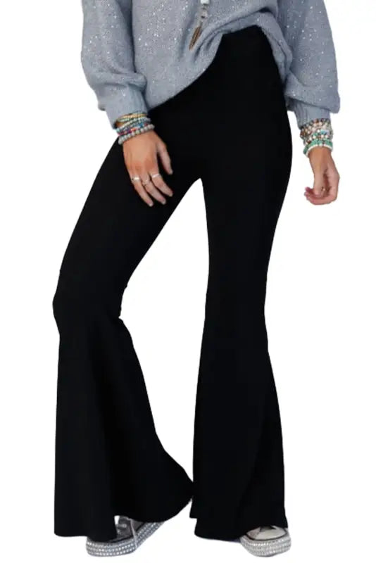 Black high waist ribbed flare pants - wide leg