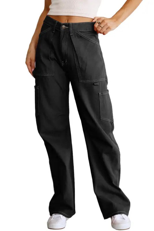 Black high waist straight leg cargo pants with pockets