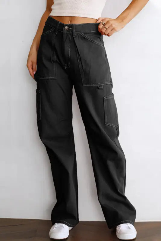 Black high waist straight leg cargo pants with pockets