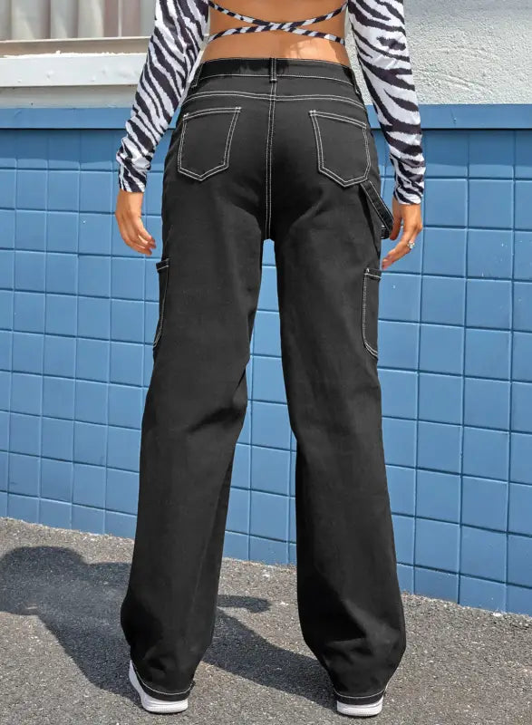 Black high waist straight leg cargo pants with pockets