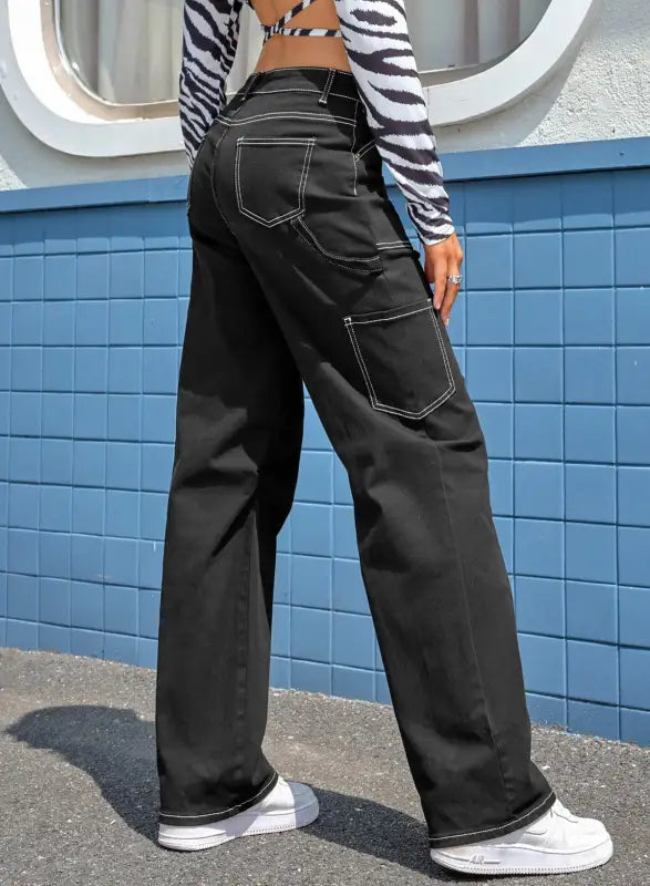 Black high waist straight leg cargo pants with pockets