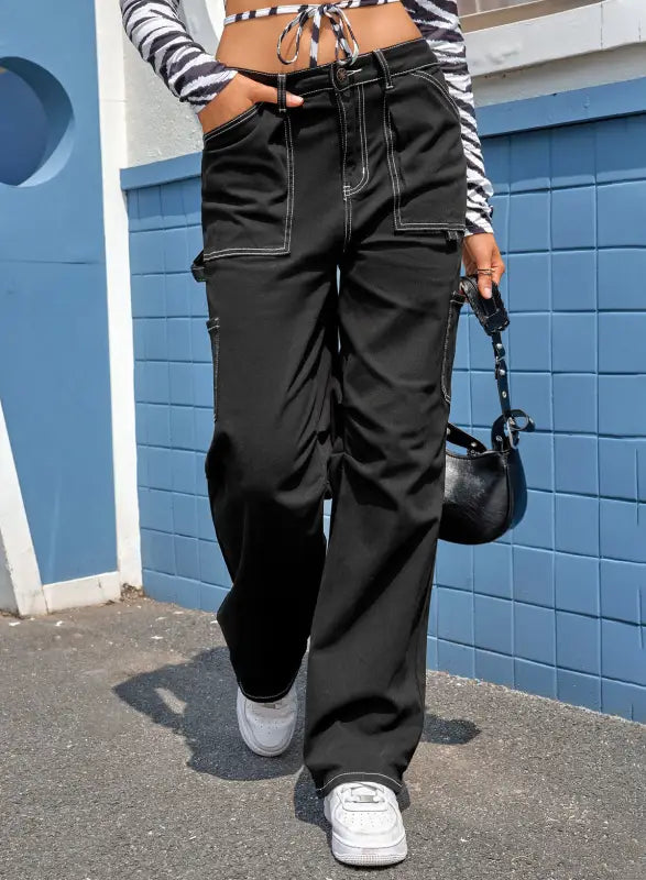 Black high waist straight leg cargo pants with pockets - 4 / 95% cotton + 5% elastane