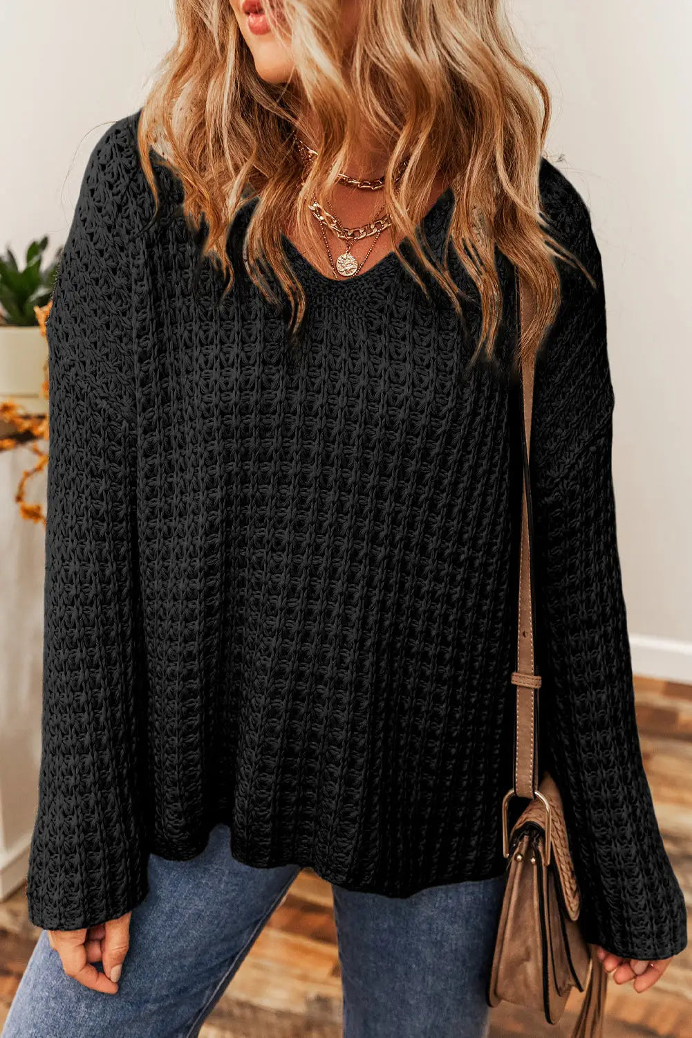 Black hollow-out crochet v neck sweater - s / 100%acrylic -