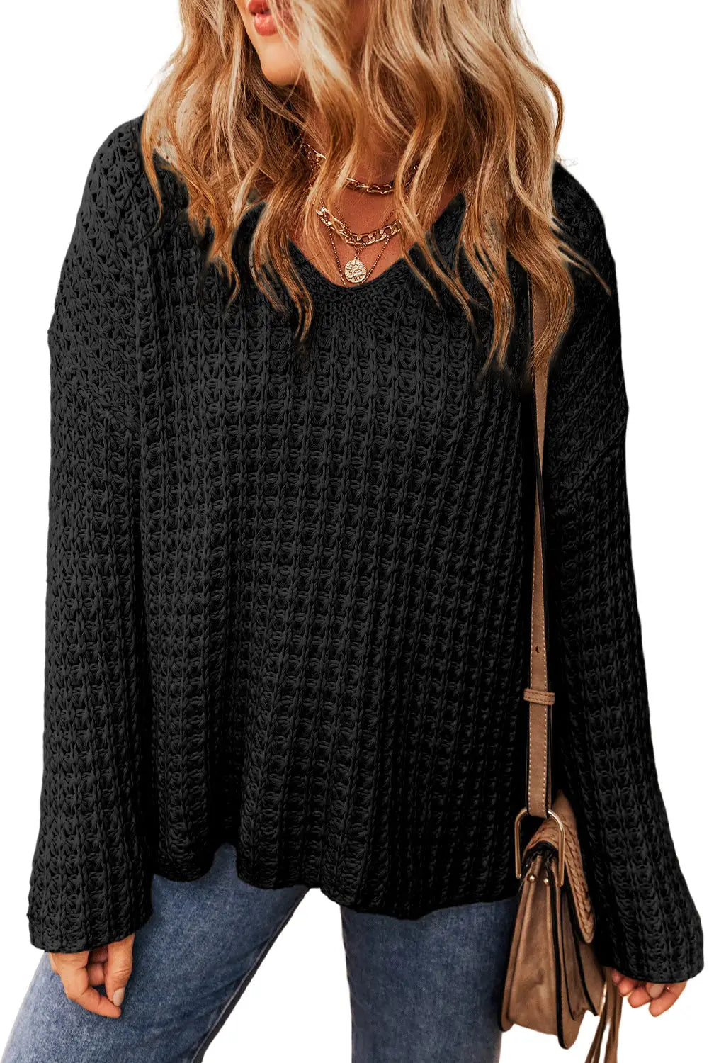 Black hollow-out crochet v neck sweater - tops