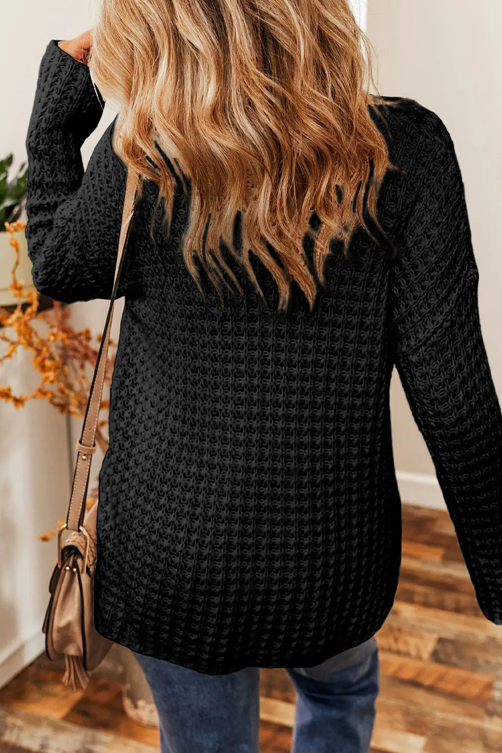 Black hollow-out crochet v neck sweater - tops