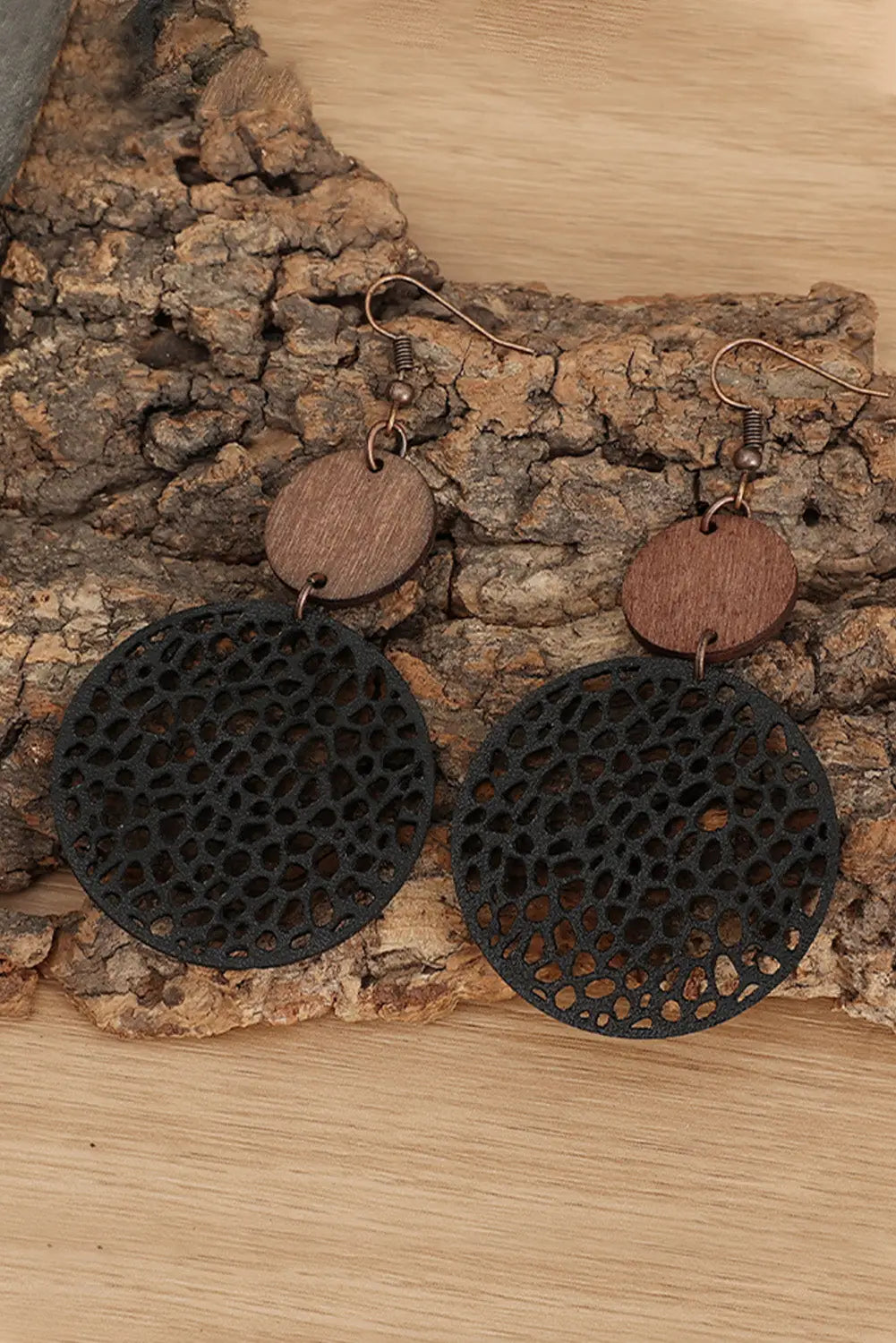 Black hollow out wooden round drop earrings - one size /