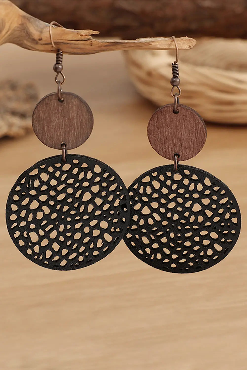 Black hollow out wooden round drop earrings - one size /
