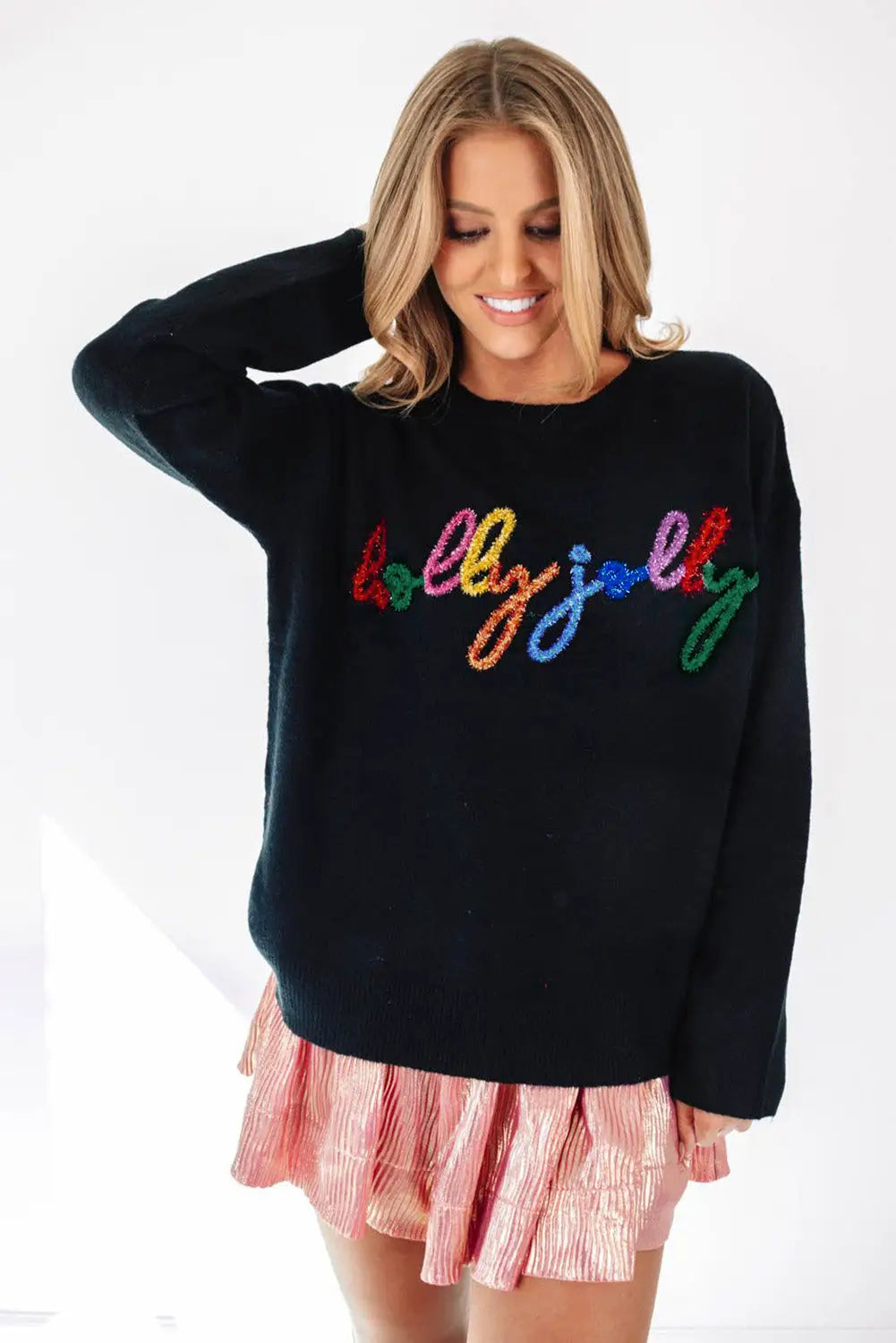 Black holly jolly round neck casual sweater - tops
