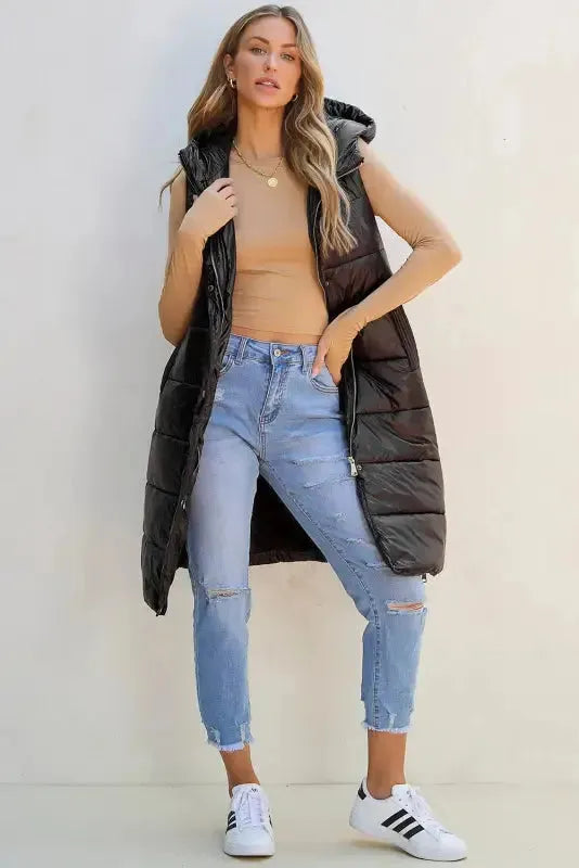 Black Hooded Long Quilted Vest Coat - Fashionfitz